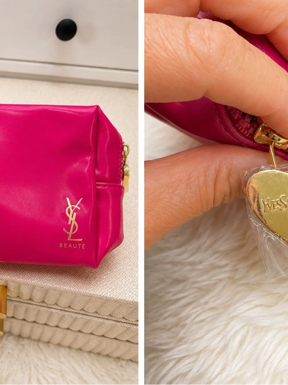 Yves Saint Laurent Bright Fuchsia Cosmetic Pouch with Gold YSL Logo